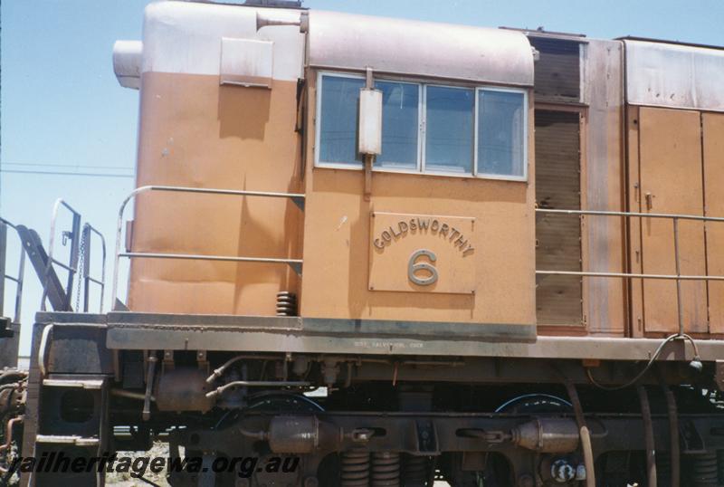 P12540
Goldsworthy Mining A class English Electric locomotive No.6 cab side showing number plate, was former WAGR K class 202
