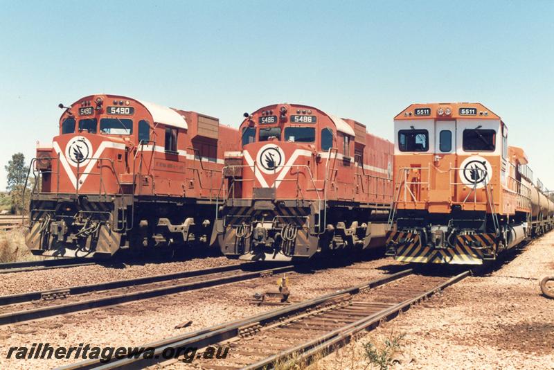 P12541
Newman, Mount Newman Mining line up of locomotives on trains, Alco M636 class 5490, M636 class 5486 and new Goninan rebuild CM36-7M class 5511
