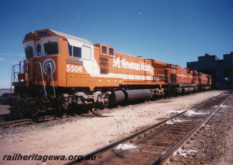 P12544
Port Hedland, Nelson Point, Loco Service Shops, Mount Newman Mining locos, Goninan rebuild CM36-7M class 5506 named Mount Whaleback with Alco 5457 and one other
