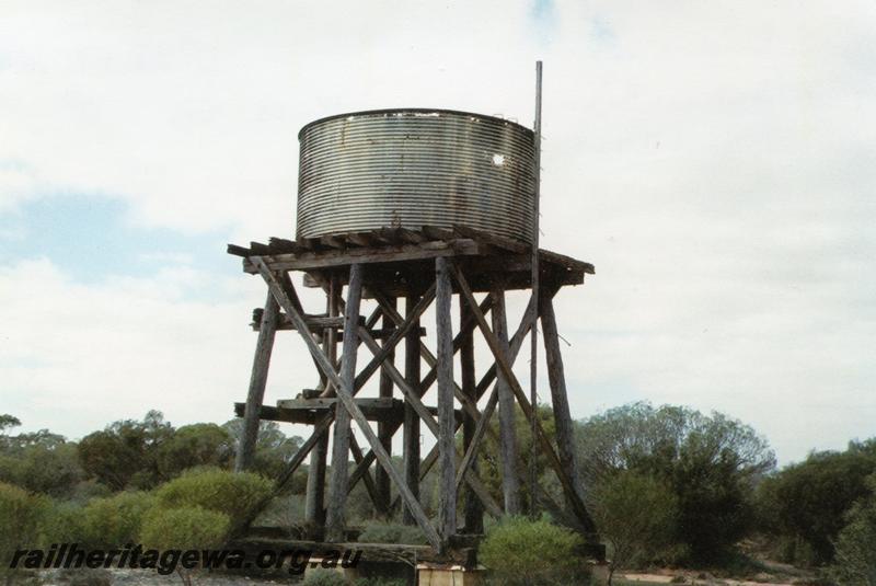 P12558
Water tower, cylindrical corrugated iron tank, 63 miles, 40 chains from Geraldton between Binnu and Ajana, GA line

