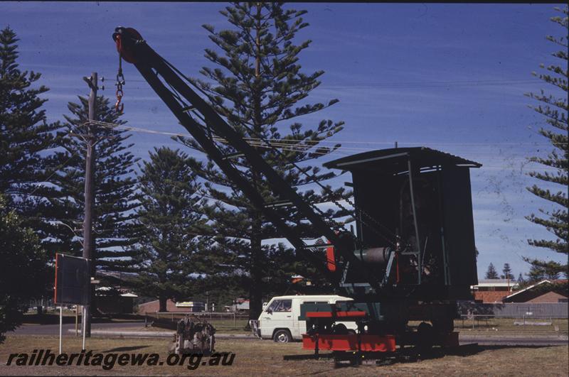 P12581
Rail mounted steam crane PWD 11, Esperance, CE line, front and side view, preserved on seaward side of the Esperance goods shed
