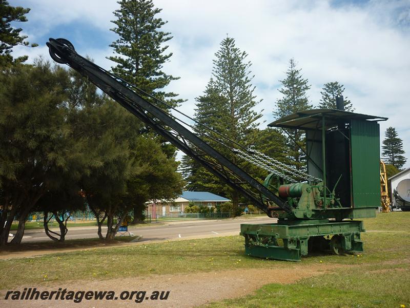 P12582
Rail mounted steam crane PWD 11, Esperance, CE line, front and side view, preserved on seaward side of the Esperance goods shed
