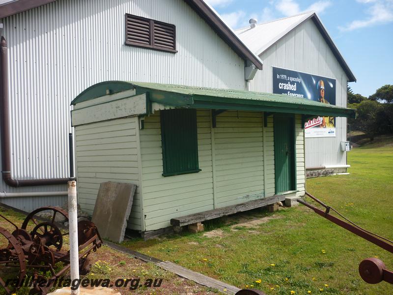 P12590
3 of 4 views of the Ladies Waiting Room at the Esperance Bay Museum, CE line, temporarily located at the seaward end of the goods shed, left hand end and front view.
