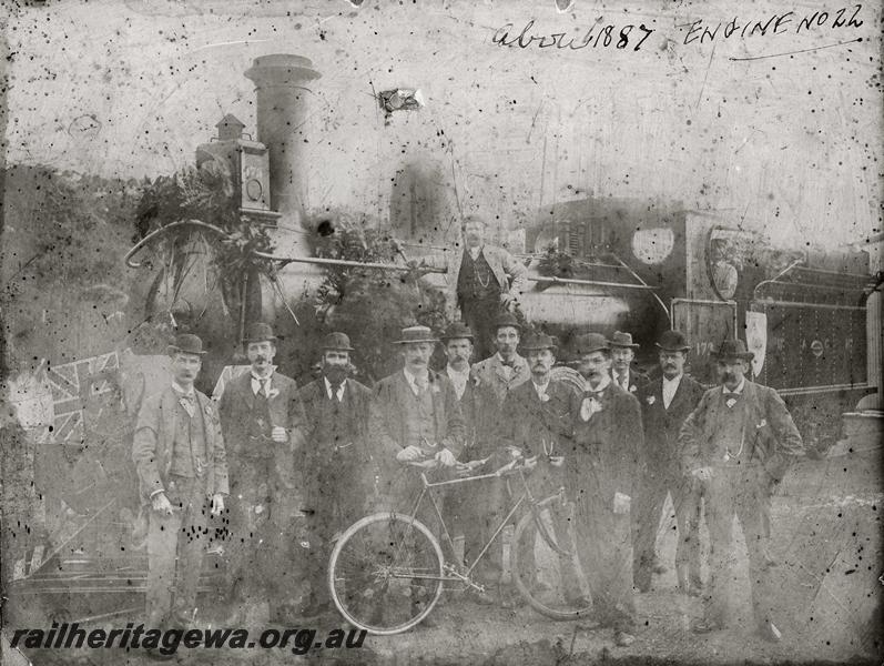 P12615
T class 173, decorated, well dressed men posing in front of the loco, front and side view, poor quality print
