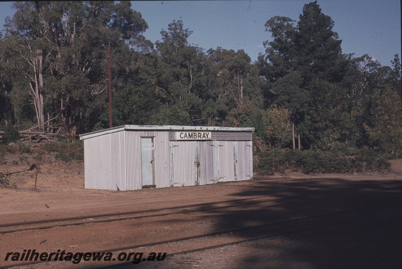 P12969
Gangers shed with nameboard, Cambray, WN line, end and trackside view
