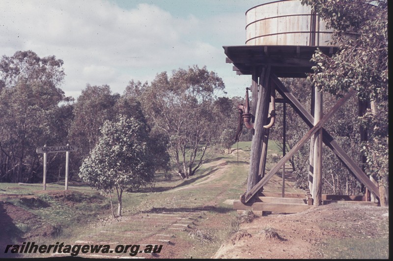 P13186
Water tower, cylindrical corrugated iron tank, nameboard, abandoned track, Mooliaman, PN line, view along the right of way. 
