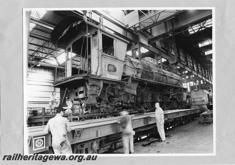 P13607
W class 901 less tender on standard gauge flat wagon being prepared for transportation to South Australia, Forrestfield Yard.
