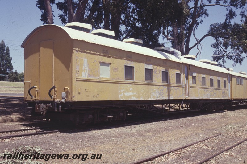 P13793
VW class 438, ex AZ class 438, in the ownership of the Kojonup Tourist Railway Inc., Kojonup station yard, DK line, end and side view.
