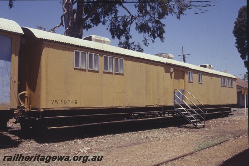 P13795
VW class 5074, ex AU 324, the ownership of the Kojonup Tourist Railway Inc., Kojonup station yard, DK line,  end and side view.
