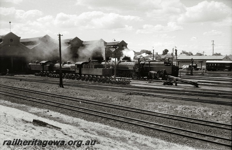 P13975
6 of 17 images of locos, trains and buildings at the East Perth Loco Depot, locos on the apron in front of the southern end of the loco shed
