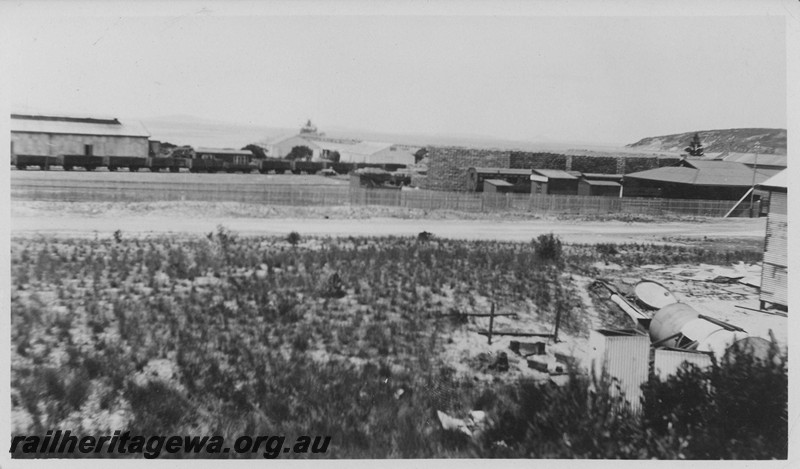 P14499
Wheat stacks, Esperance Yard, Ce line, view across the yard taken from near Lot 45, Dempster Street.

