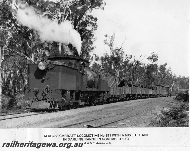 P14891
M class 391 Garratt, mixed train, Plavins 12 kms beyond Dwellingup, PN line,  bunker leading, same as P07596

