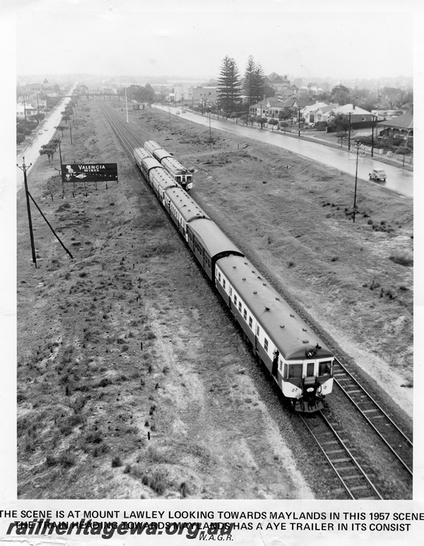 P15021
ADG class diesel railcar set including an AYE class trailer, elevated view, Mount Lawley, ER line
