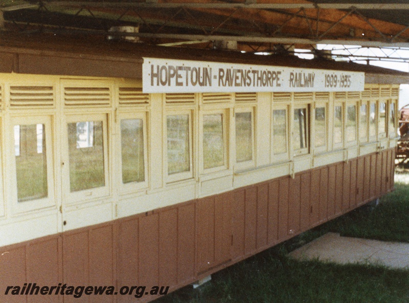 P15076
AH class 24, body only under cover at the Ravensthorpe Museum, view along the side of the carriage.
