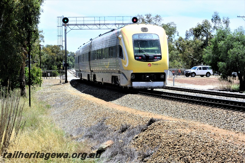 P15489
Trailing Prospector car WDA class 003, signal gantry, departing Northam for Perth, Avon Valley standard gauge line, green light showing on the searchlight signal on the gantry
