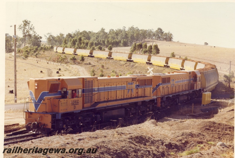 P15886
D class 1562 coupled to another D class diesel loco, both in Westrail orange with blue and white stripe, on woodchip train, rural setting, front and side view 
