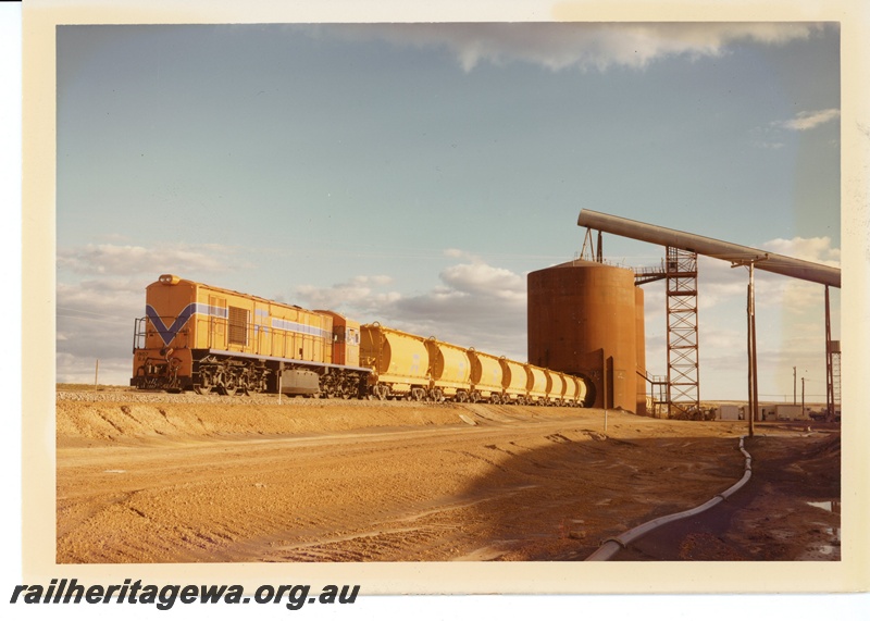 P15966
RA class 1907, in Westrail orange with blue and white stripe, on mineral sands train, being loaded at Eneabba, loader, XE line class wagons, front and side view. DE line.
