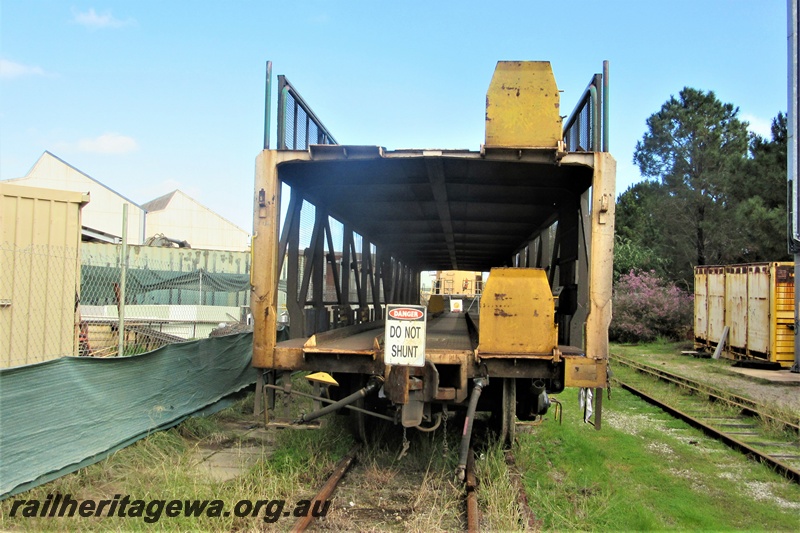 P16195
Great Southern Rail  AMPZ class 238, car transporter parked on the track passing through the Rail Transport Museum awaiting servicing at UGL, end view
