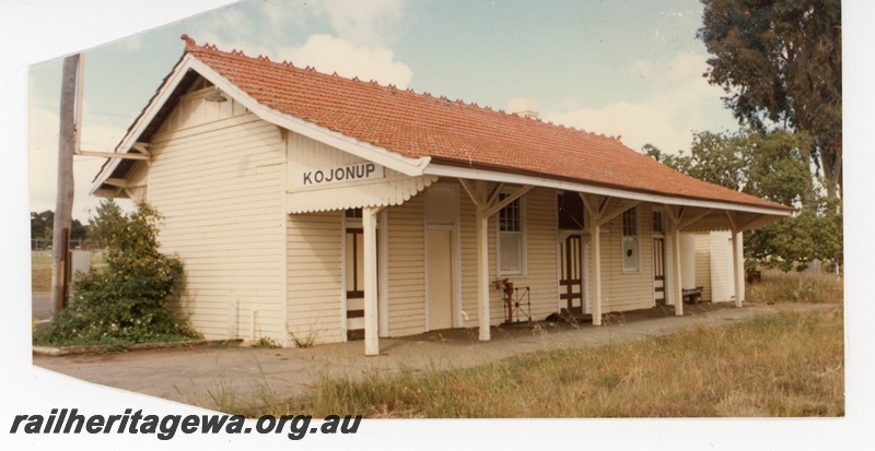 P16274
 Station building, nameboard, Kojonup, DK line as depicted in the 1980's after the closure of the railway, end and trackside  view
