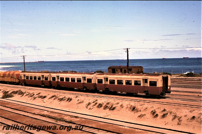 P16636
Three ex Tasmanian red and cream passenger cars, covered wagon, yellow brakevan, shipping and ocean in background, Leighton, ER line, side and end view
