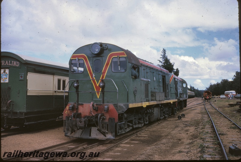 P16679
F class 41 with a yellow stripe along its side coupled nose to nose to F class 45, both in green with red and yellow stripe livery, 