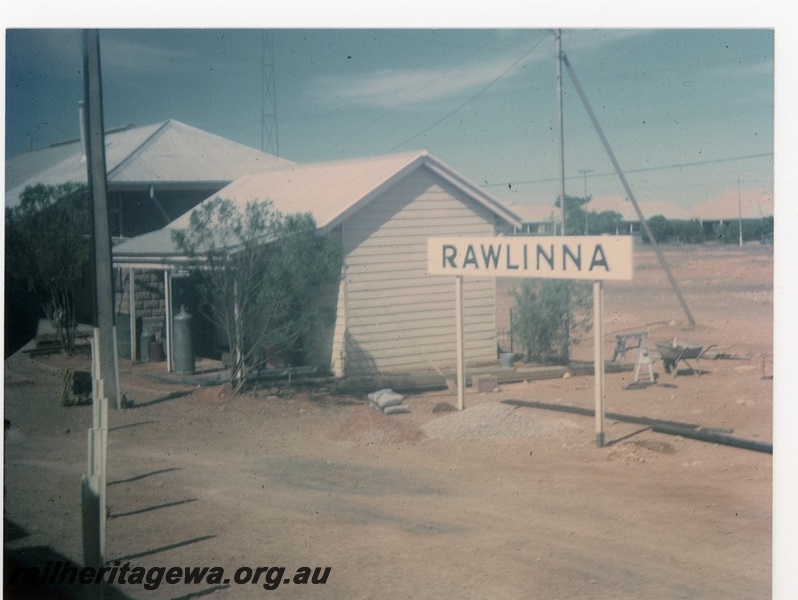 P16969
Station buildings, station nameboard, town, Rawlinna, TAR line, photo taken from eastbound 