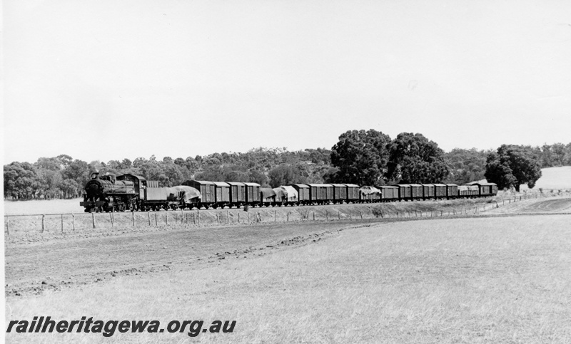 P17388
PMR class 713 steam locomotive on 108 Goods. BN Line. Location Unknown. Note J class water tanker behind loco and distant side view of entire train.
