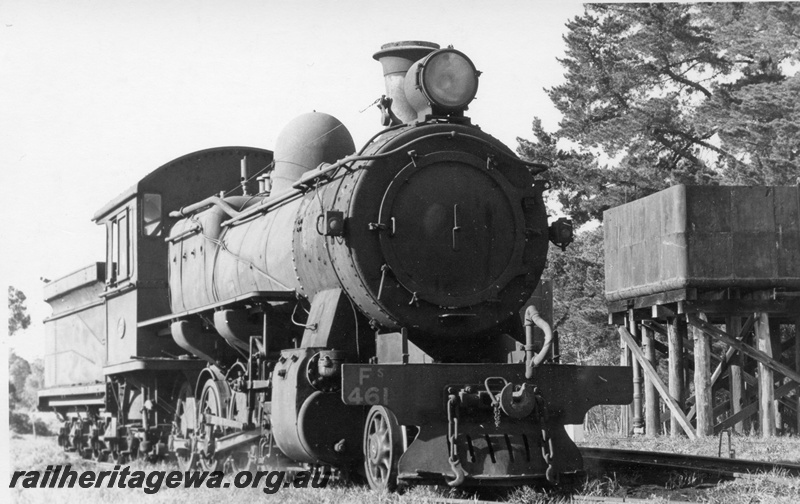 P17462
FS class 461 steam locomotive in the yard at Boyanup. water tower with a 25,000 gallon cast iron tank. BB line. 
