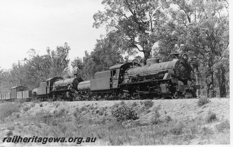 P18194
W class 919, W class 914, double heading goods train No 54 from Wagin to Collie near Muja, BN line.
