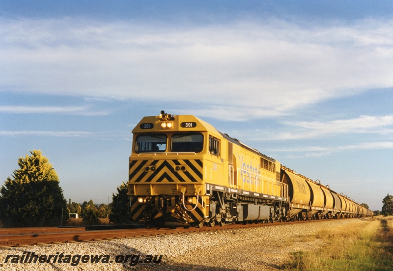 P18649
Q class 301 standard gauge diesel locomotive heading an empty train of WW and WWA class wheat hopper wagons at Millendon. ER line. The locomotive is painted in the then Westrail yellow colour scheme.
