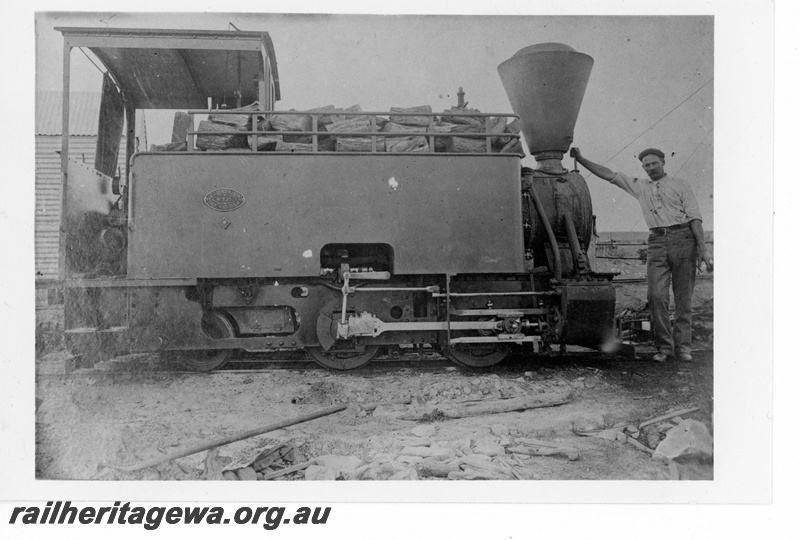 P19349
East Murchison United Gold Mine's Orenstein and Koppel 2 foot gauge 0-4-2T loco, builders No. 731 at Lawlers. Purchased in 1902, out of  use by 1912 and acquired by Kalgoorlie and Boulder Firewood Co. in 1916, side view. Photo taken pre 1916. Loco later named 
