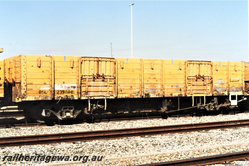 P19545
RCA class 23984 bogie open wagon, yellow livery with a small Westrail logo on the right hand end of the side, Robbs Jetty, end and side view
