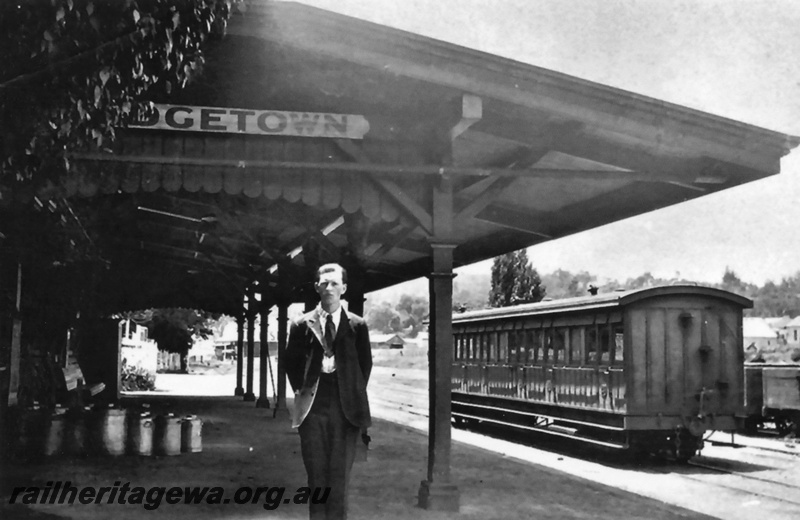 P19613
Bridgetown platform - looking north. Station nameboard in photograph and passenger carriage in yard. PP line
