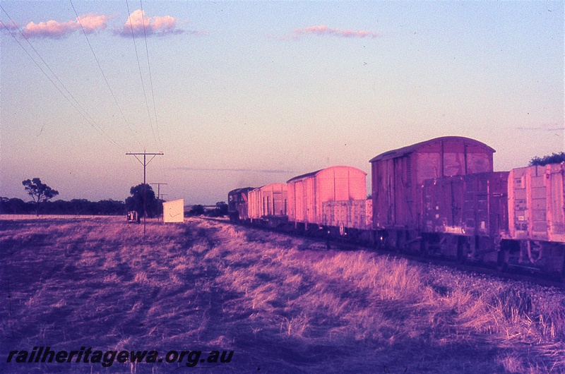 P19742
Diesel hauled goods train, comprising vans and wagons, heading away from camera, trackside shed, Rossmore, EM line
