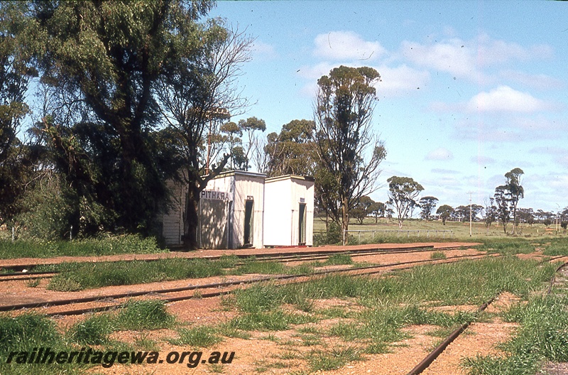 P19806
Sheds with station nameboard, tracks, Pithara, EM line
