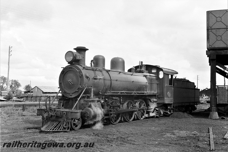 P19893
MRWA  C class 15 at Midland Junction, front and side view, partial view of the MRWA style cast iron water tank,  MR line.
