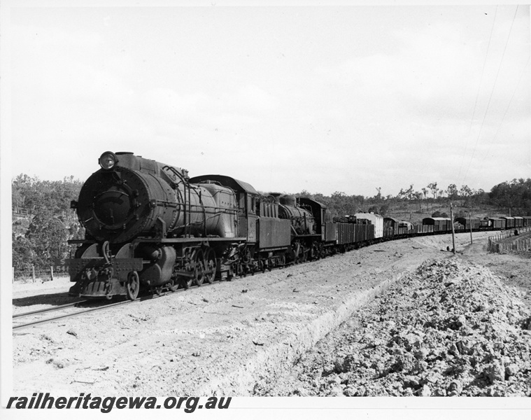 P20099
S Class 541 double heading with a W Class, on goods train, rural setting, front and side view
