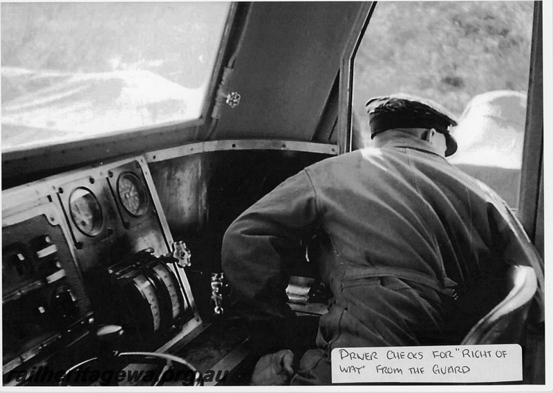 P20129
X class diesel, interior of cab, controls, driver checking for right of way from guard, view from inside cab
