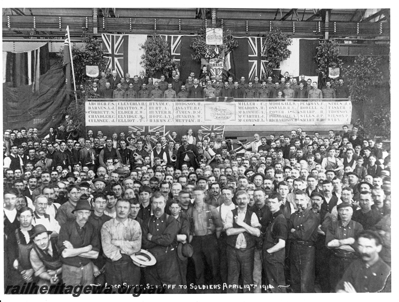 P20240
Workers at the Loco Shops, Midland Workshops, assembled to Send Off soldiers to the war. (Of the Forty, ten lost their lives)  
