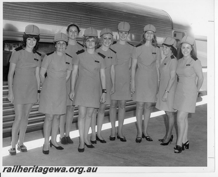 P20439
WAGR Stewardesses in front of Prospector railcar  at Perth Terminal. 
