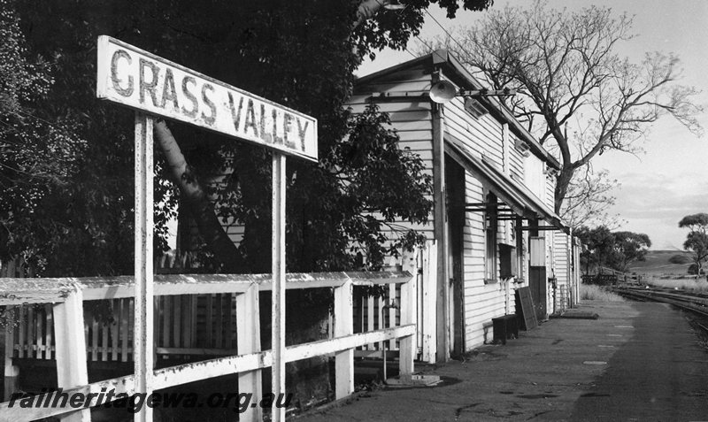 P20734
Grass Valley Station -  photo shows station building and nameboard. Station awning damaged in a storm in 1968. EGR line. 
