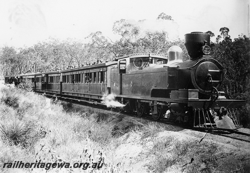 P20816
 N class 207 with large spark arrestor smokestack, on passenger train in bush setting, side and front view from trackside, c1900
