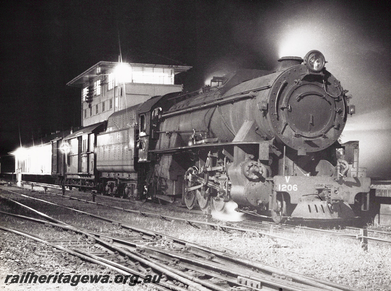 P20858
V class 1206 with a Z class brakevan ,signal box, Brunswick Junction, SWR line, side and front night time view
