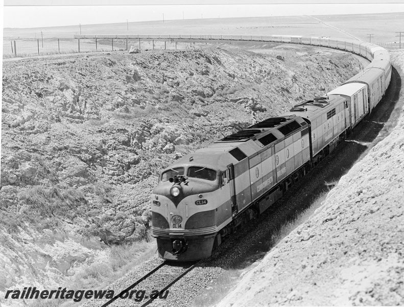 P20884
CL class 14 double heading with a GM class haul a 38 carriage Trans Australia Express near Bungulla. ER line.  
