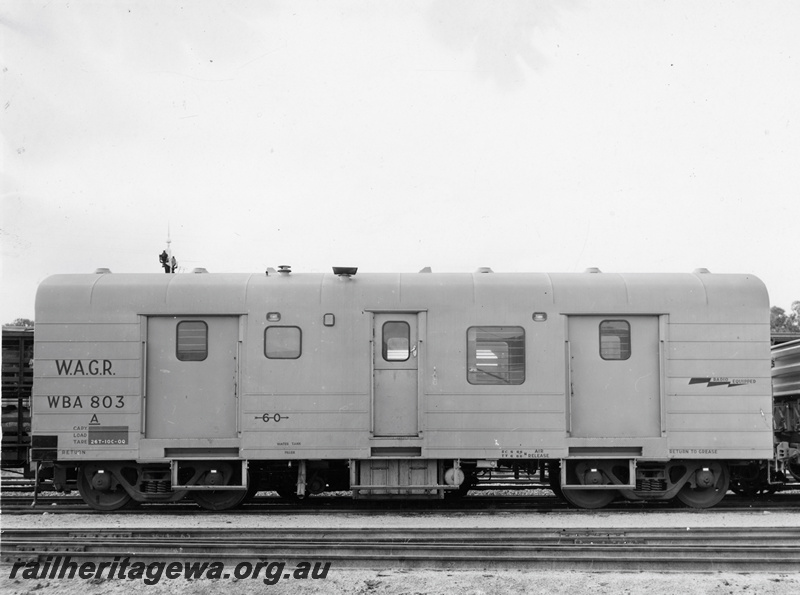 P20888
WBA class 803 standard gauge brake van built  in August 1965 by Comeng WA at Bassendean. Side view,  Photo taken at Midland, ER line.
