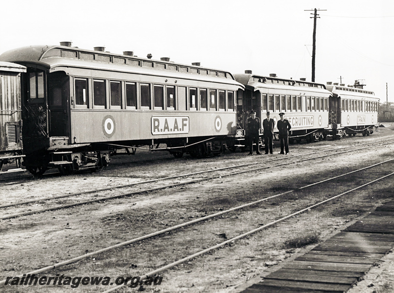 P20891
Three AG class carriages including Nos. 41 and 42 which comprised the RAAF Recruiting Train , displayed at the WAGR Midland Workshops,  ER line. 
