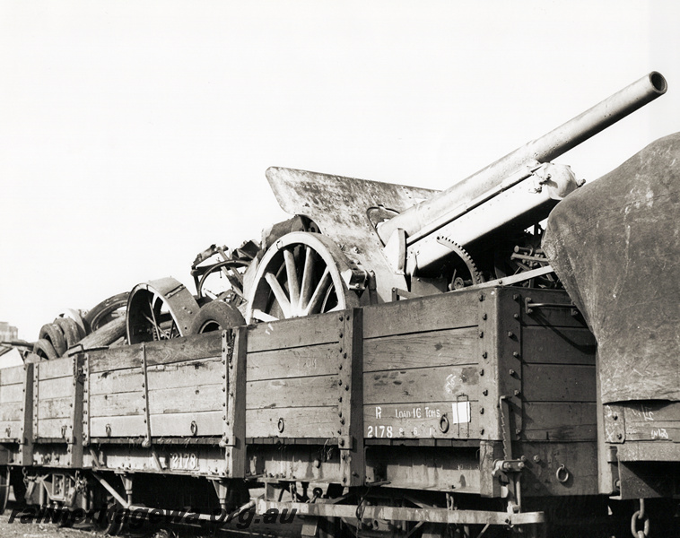 P20893
R class 2178  bogie open wagon loaded with army equipment including a piece of artillery, end and side view
