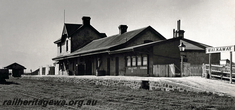 P20898
Station building , station nameboard and goods shed in background., Walkaway, W line
