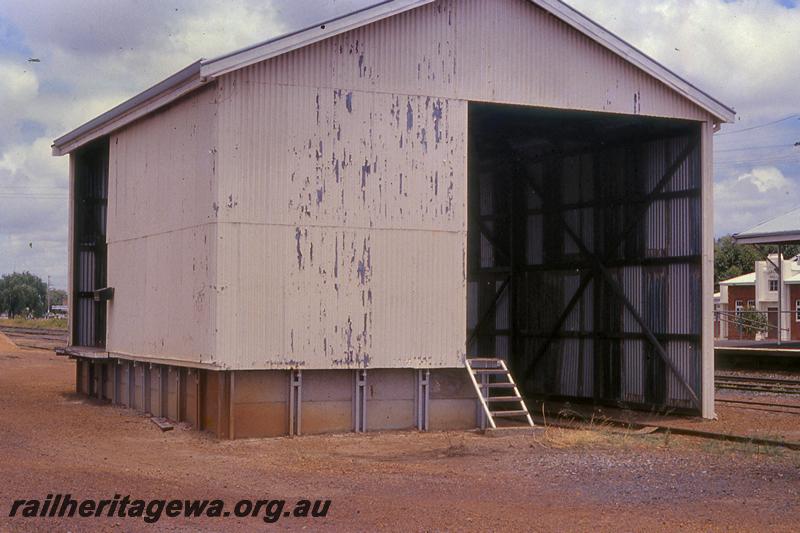P21064
2nd class goods shed, Yarloop, SWR line, rear and north end view, note the Yarloop hall in the background
