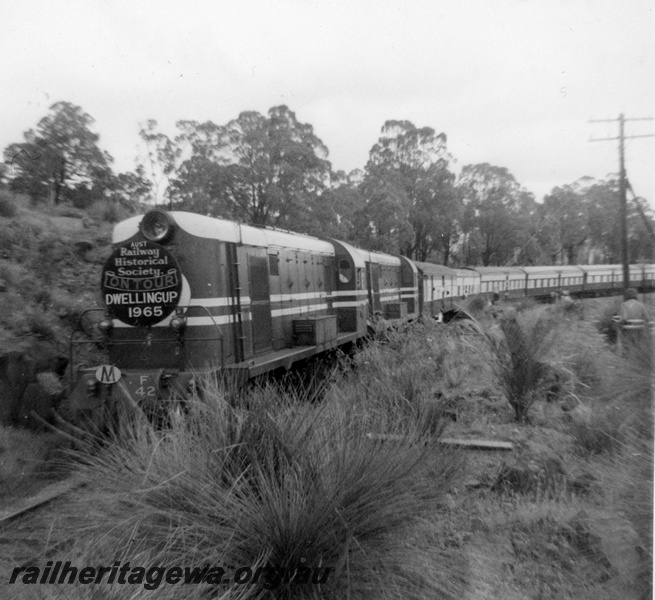 P21152
Ex MRWA F class 42 double heading with  F class 41, both in MRWA livery,heading to Dwellingup on an ARHS tour train, long hood leading, view along the train, 